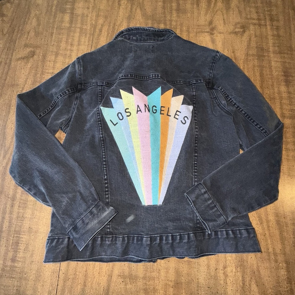 Pacsun Women's Black Denim Jacket Los Angeles Rainbow Embroidered Pockets Small - Picture 2 of 7